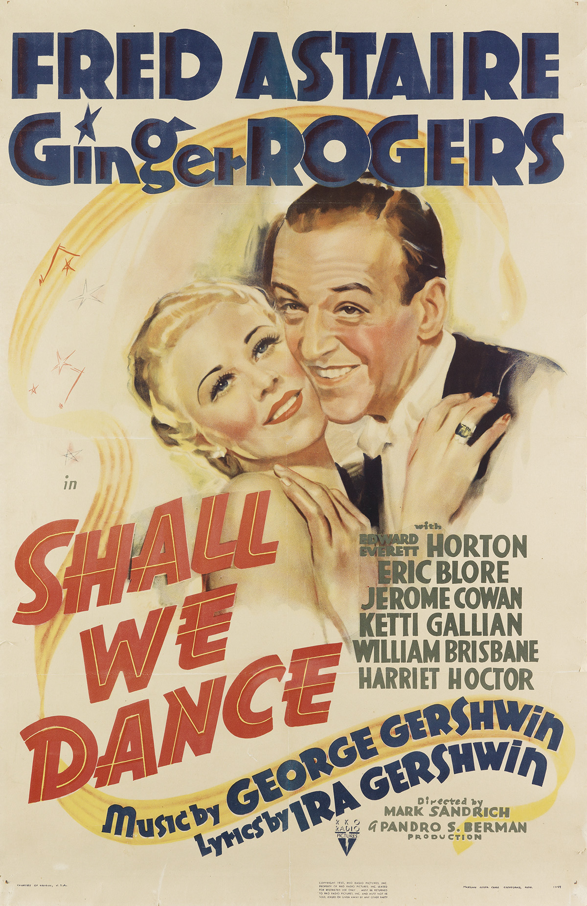 DESIGNER UNKNOWN. SHALL WE DANCE / FRED ASTAIRE / GINGER ROGERS. 1937. 39x25 inches, 101x65 cm. Morgan Lith. Corp., Cleveland.